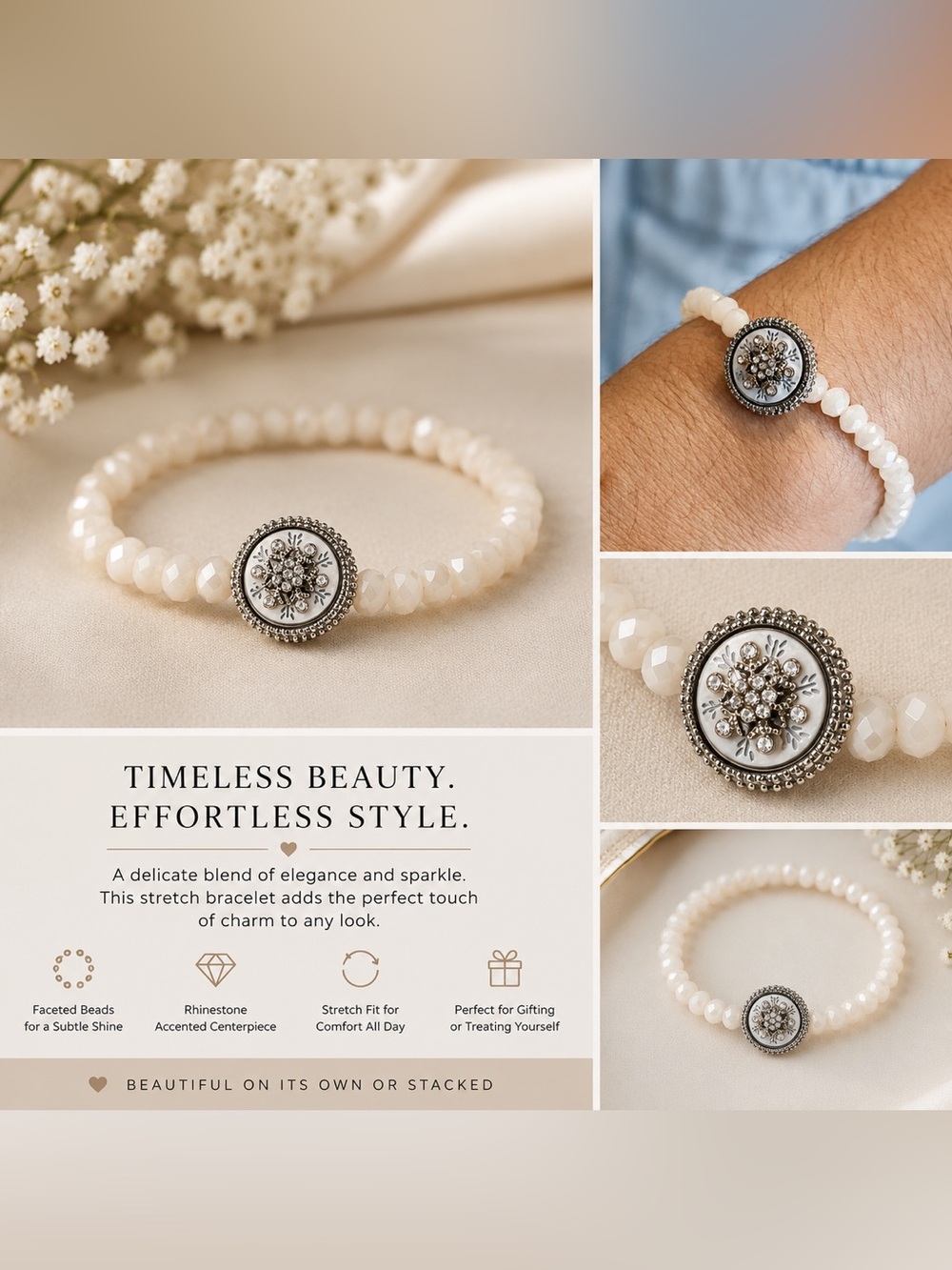 CHANEL Cream Beaded Stretch Bracelet with Rhinestone Medallion